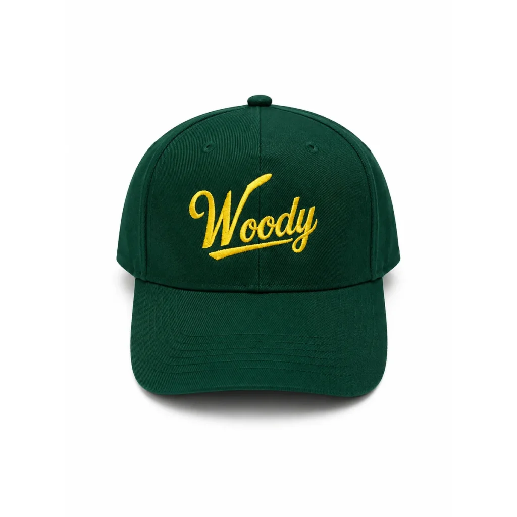 Cappellino da baseball verde con scritta Woody ricamata in giallo